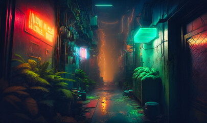 A futuristic and gritty tunnel, with neon lights and dark alleyways