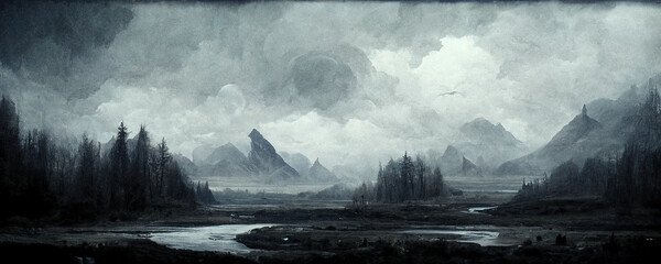 Abstract post apocalyptic dark gloomy scene with dark forest and trees and mystical creepy feeling abstract background digital painting concept art mist fog clouds and water Generative AI