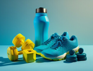 fitness essentials on blue background, dumbbells and water bottle for gym workout, generative AI