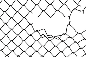 The texture of the metal mesh. Torn, destroyed, broken metal mesh on a white background