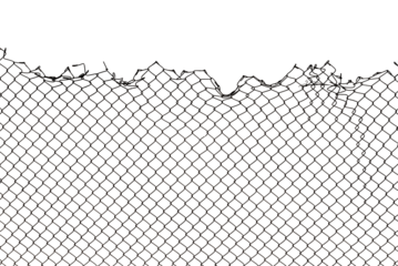 The texture of the metal mesh. Torn, destroyed, broken metal mesh on a white background