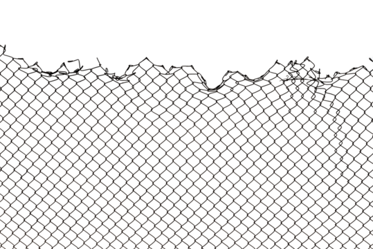 The texture of the metal mesh. Torn, destroyed, broken metal mesh on a white background