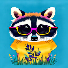 Raccoon baby in a T-shirt, in sunglasses, in a flower meadow, watercolor drawing.  Generative AI.