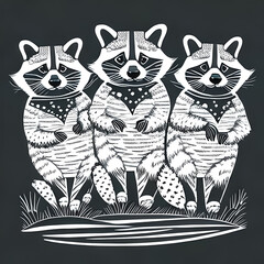 Three raccoons in black and white.  Generative AI.  Illustration.