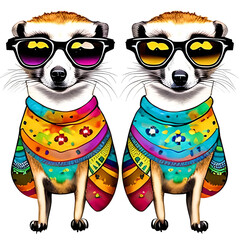 Two meerkats in sunglasses and jackets, watercolor drawing.  Generative AI.