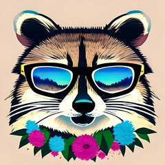 Happy raccoon in sunglasses, watercolor drawing.  Generative AI.