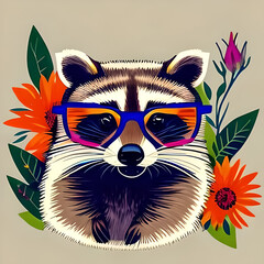 Happy raccoon in sunglasses, watercolor drawing.  Generative AI.