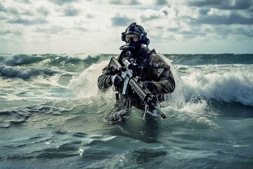 Navy SEAL Emerges from Ocean with AR-15 at Night.