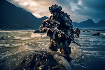 Navy SEAL Emerges from Ocean with AR-15 at Night wading through turbulent waters against a backdrop of dark, imposing mountains. - obrazy, fototapety, plakaty