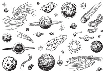 Cosmic space doodles set. Outline drawings of planets, stars, comets, asteroids, galaxies. Astronomy science sketches. Hand drawn vector illustration isolated on white. - obrazy, fototapety, plakaty
