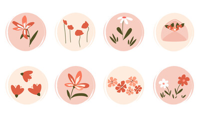 Vector set of logo design templates, icons and badges for social media highlight with cute colorful pastel flowers
