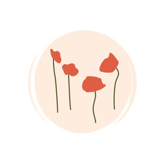Cute logo or icon vector with red poppy flowers illustration on circle with brush texture, for social media story and highlights