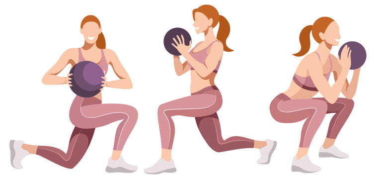 vector set of images of beautiful girls in a sports uniform (leggings and a sports bra) is engaged in fitness, sports, isolated on a white background. women squat, do lunges, train legs and buttocks.