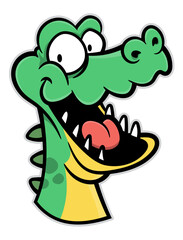 Obraz premium Cartoon illustration of Crocodile face with a big smile. Best for sticker, logo, and mascot with wildlife themes for kids