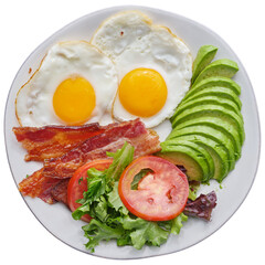 Fototapeta na wymiar isolated keto friendly breakfast plate with two sunny side up eggs, avocado, bacon and salad shot from top view