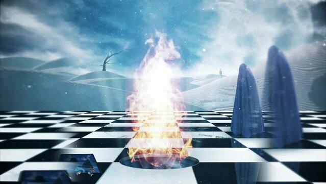 Chessboard with burning portal to another dimension