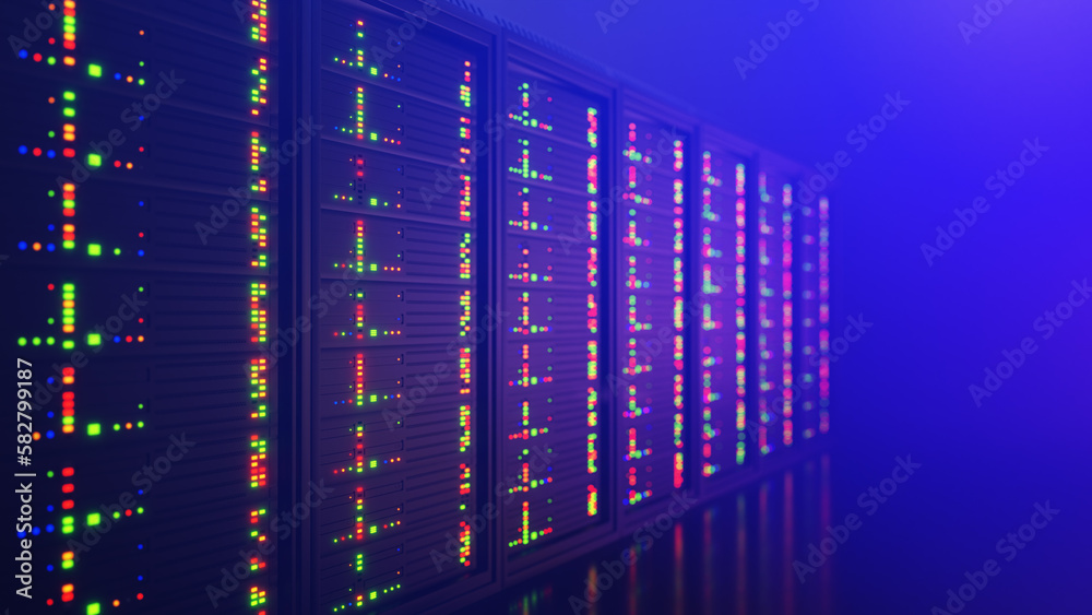 Poster server room with hardware racks and glowing lights. data center, web hosting services, data storage,