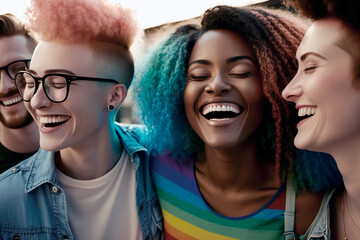 Diverse group of young LGBT, proudly expressing their love, unity, and support for the community. With vibrant hair dyed, embody the message of inclusion, diversity, and acceptance. Generative AI.