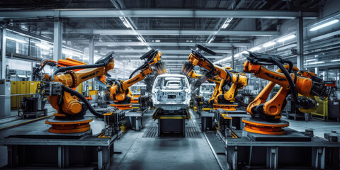 Robotic arms in a car plant. Generative AI