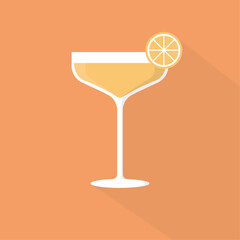Alcoholic orange cocktail in a glass with an orange slice, a drink on an orange background, Alcohol beverages, Champagne Saucer glass, simplified vector illustration in flat and vintage style