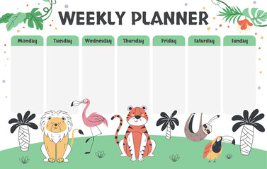 Kids jungle animal planner template school week poster concept. Vector graphic design illustration