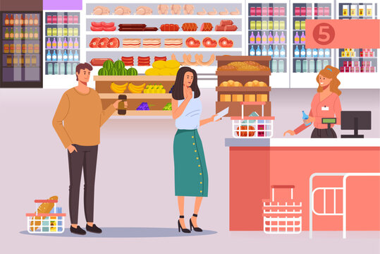 Supermarket shop food grocery store with people concept. Vector graphic design illustration
