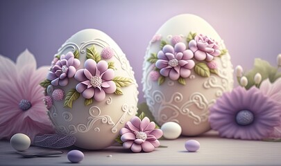Obraz na płótnie Canvas three decorated eggs with flowers on them on a wooden table next to pink flowers and a purple flowery background with a spoon and spoon. generative ai