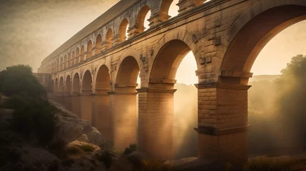Fotobehang Pont du Gard Majestic Legacy: A Panoramic Showcasing the Stunning Pont du Gard, France's Finest Roman Aqueduct
