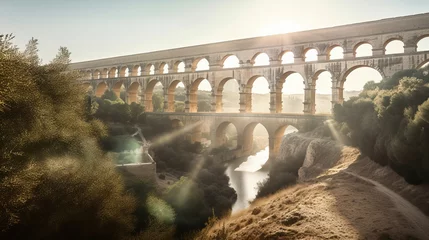 Papier Peint photo Pont du Gard Majestic Legacy: A Panoramic Showcasing the Stunning Pont du Gard, France's Finest Roman Aqueduct
