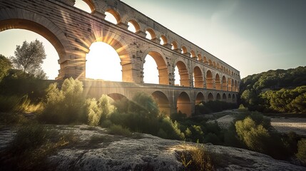 Majestic Legacy: A Panoramic Showcasing the Stunning Pont du Gard, France's Finest Roman Aqueduct
