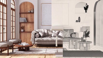 Paint roller painting interior design blueprint sketch background while the space becomes real showing living room. Before and after concept, architect designer creative work flow