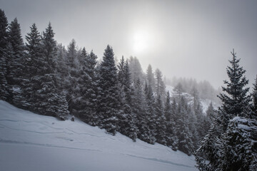 Skiing in Italy, Dolomites, Madonna di Campiglio, Pinzolo. Cloudy winter day in January 2023