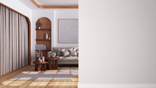 Farmhouse wooden living room in boho style with sofa on a foreground wall, interior design architecture idea, concept with copy space, blank background, template, mock up