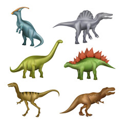 Dinosaurs. Realistic gigantic wild prehistorical aggresive animals fossils lizards with big teeth decentk vector mesozoic pheriod dinosaurs