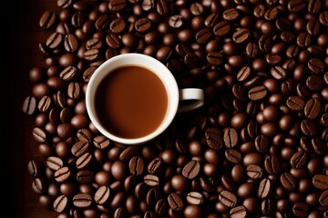 Fototapeta premium A mug of coffee on a table with grains, AI generative.