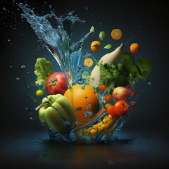 Vegetable in water splash. Created with Generative AI technology.