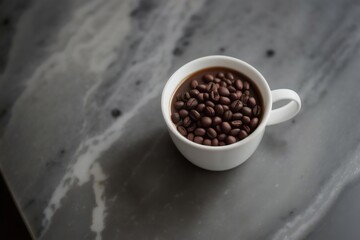 Fototapeta na wymiar A mug of coffee on a table with beans on a marble top, AI generative.