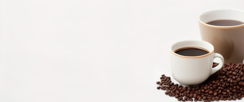 A mug of coffee on a table with grains on a white background, AI generative.