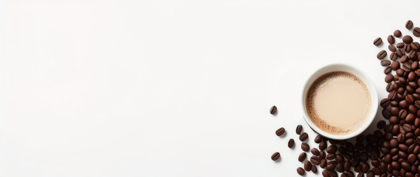 A mug of coffee on a table with grains on a white background, AI generative. © Mountains Hunter