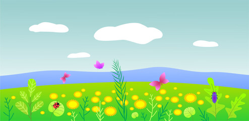 Spring landscape with green grass, flowers, butterflies and beetles.