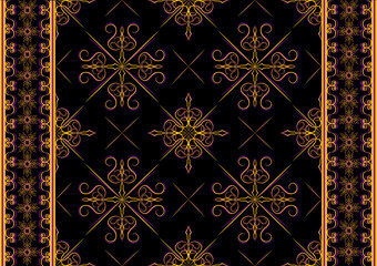 Ethnic folk symbol seamless pattern in black gold tone in vector illustration design for fabric, carpet, scarf, mat, tile and more