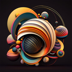 Abstract futuristic contemporary modern cosmic design in cartoon style with spheres, stripes and lines.