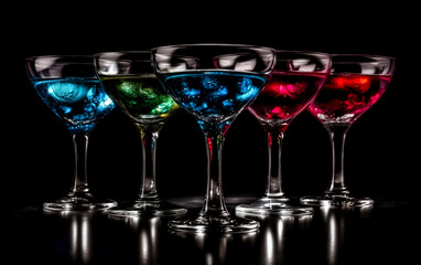 Obraz premium Colorful Drinks or Cocktails served in Martini Glasses. Studio shot isolated on black background. Illustrative generative AI.