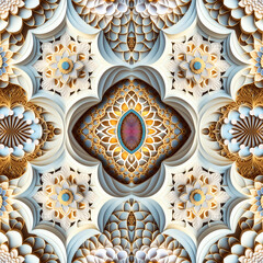 Pattern of shapes flowers arabesques for mirror pattern. Seamless pattern Rapport with beautiful mandalas with relief for repetition. Generative AI. Pattern mirrored repeat duplicates background