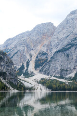 Pragser Wildsee, Lake Prags, Lake Braies, Lago di Braies, Prags Dolomites in South Tyrol, Italy; Beautiful Lake in Italy with Mountain in the Background; Italy Tourists