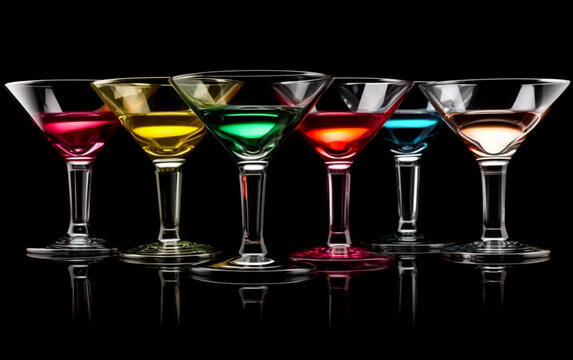 Colorful Drinks or Cocktails served in Martini Glasses. Studio shot isolated on black background. Illustrative generative AI.