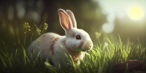 White rabbit on a bright sunny day resting on green grass
