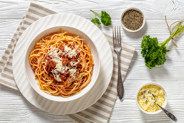 spaghetti al ragu alla Bolognese in white bowl