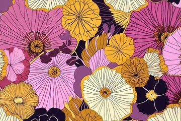 R&eacute;p&eacute;tition d'un motif textile harmonieux de fleurs roses et dor&eacute;es violettes aux couleurs vives dans des couleurs et des lignes nettes.