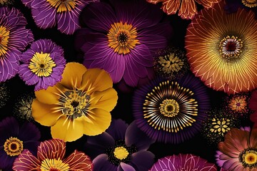Fototapeta na wymiar Répétition d'un motif textile harmonieux de fleurs roses et dorées violettes aux couleurs vives dans des couleurs et des lignes nettes.